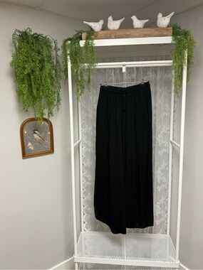 Crinkle Cotton Black Wide Leg Beach Pants Flowy High Rise Palazzo Trousers - Med